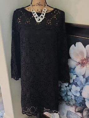 J. Crew Black Eyelet Lace Long-Sleeve Shift Dress